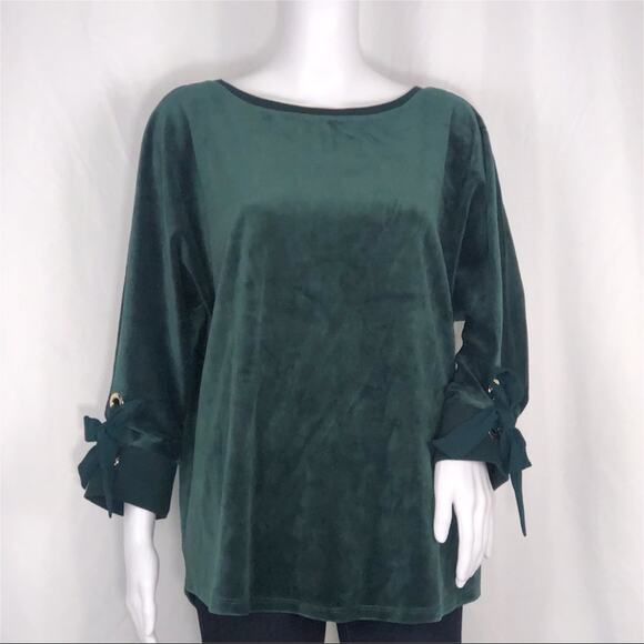 Charter Club Jewel Green Velvet Tied Long Sleeves Scoop Neck Shirttail SzLg NWOT - Picture 1 of 16